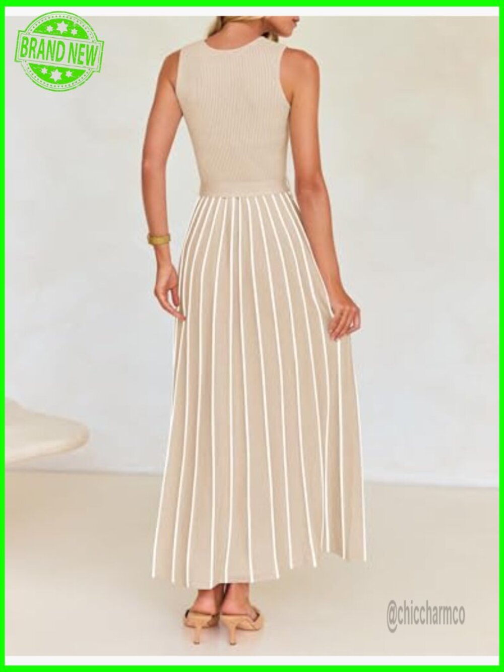 Sleeveless Ribbed Knit Maxi Dress with Tie Waist Crewneck Casual A-Line - Picture 3 of 7